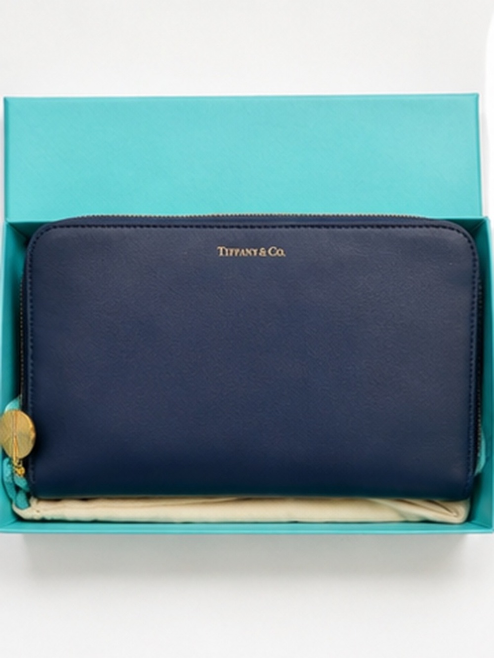 Tiffany & Co. Smooth Leather Medium Zip Wallet – Pond Blue – NEW
